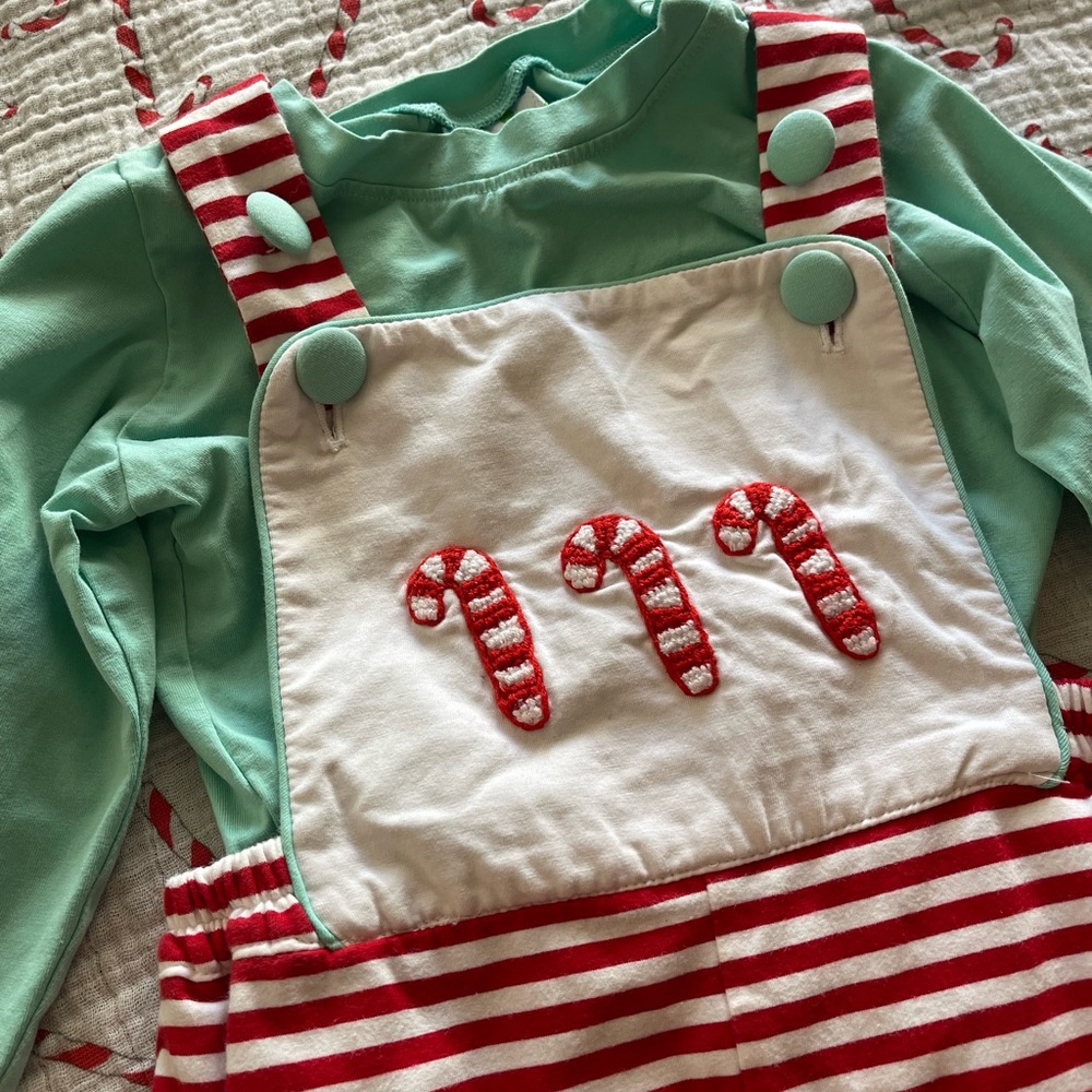 Sugar Dumplin Toddler Boy French Knot Candy Cane and Mint Green Overalls - Picture 3 of 6
